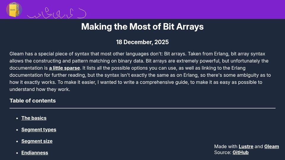 Screenshot of gearsco.de: Making the most of bit arrays in Gleam