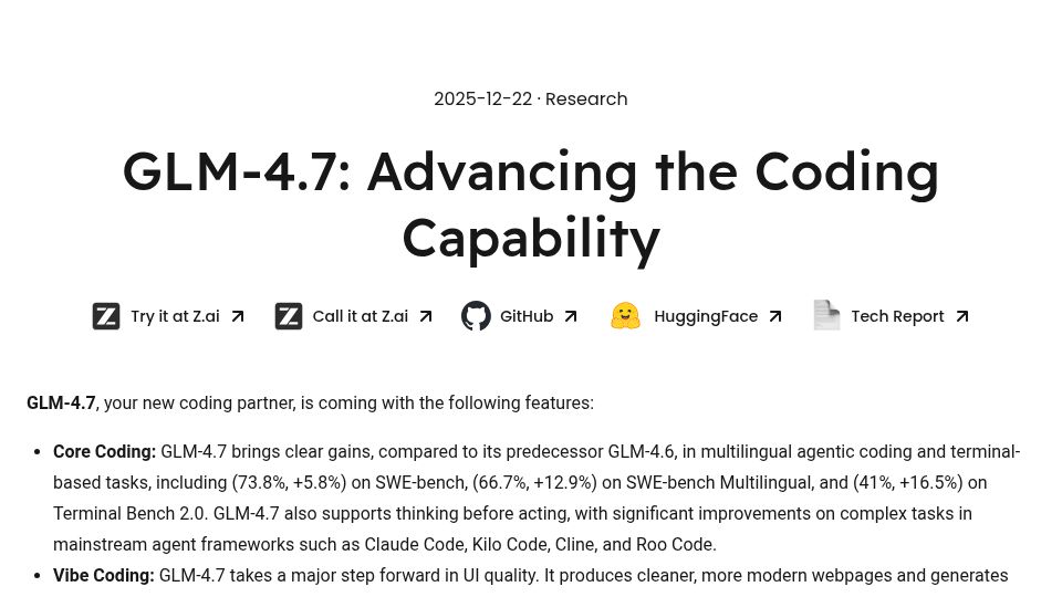 Screenshot of z.ai: GLM-4.7: Advancing the Coding Capability