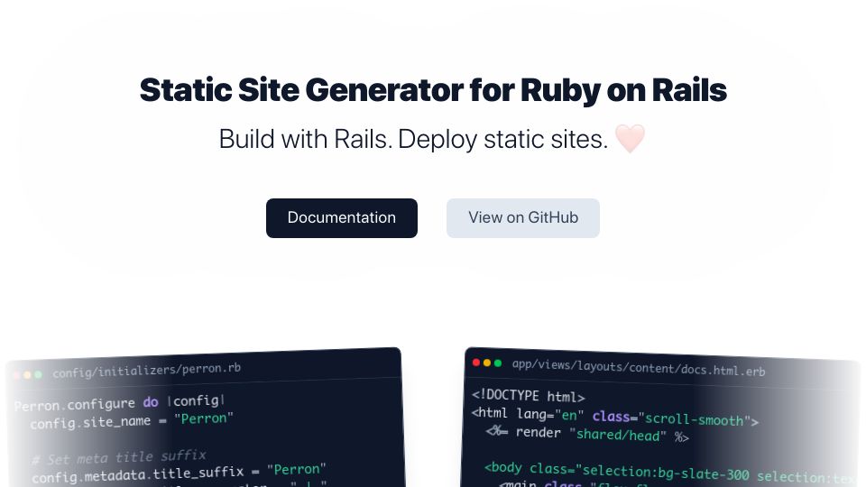 Screenshot of perron-site.statichost.page: Perron: A Static Site Generator for Ruby on Rails