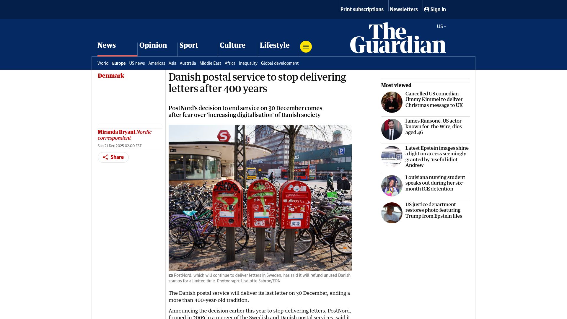 Screenshot of theguardian.com: Danish postal service to stop delivering letters after 400 years