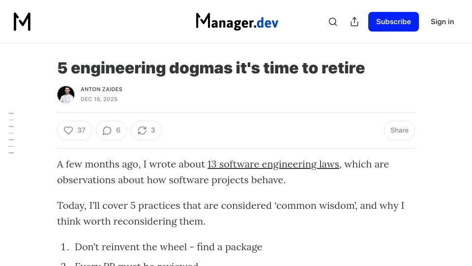 Screenshot of newsletter.manager.dev: Engineering dogmas it's time to retire