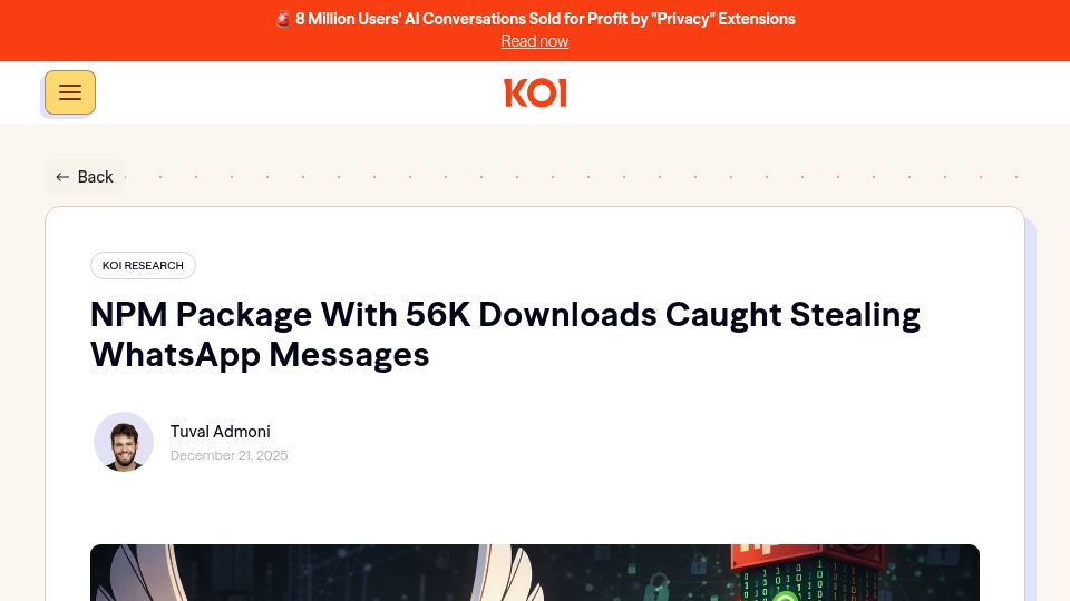 Screenshot of koi.ai: Lotusbail npm package found to be harvesting WhatsApp messages and contacts