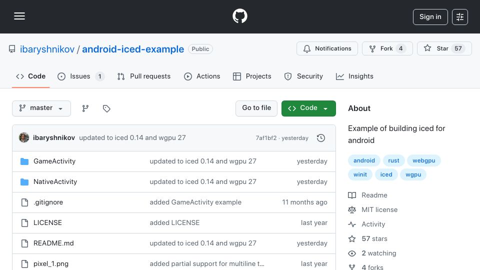 Screenshot of github.com: Build Android apps using Rust and Iced