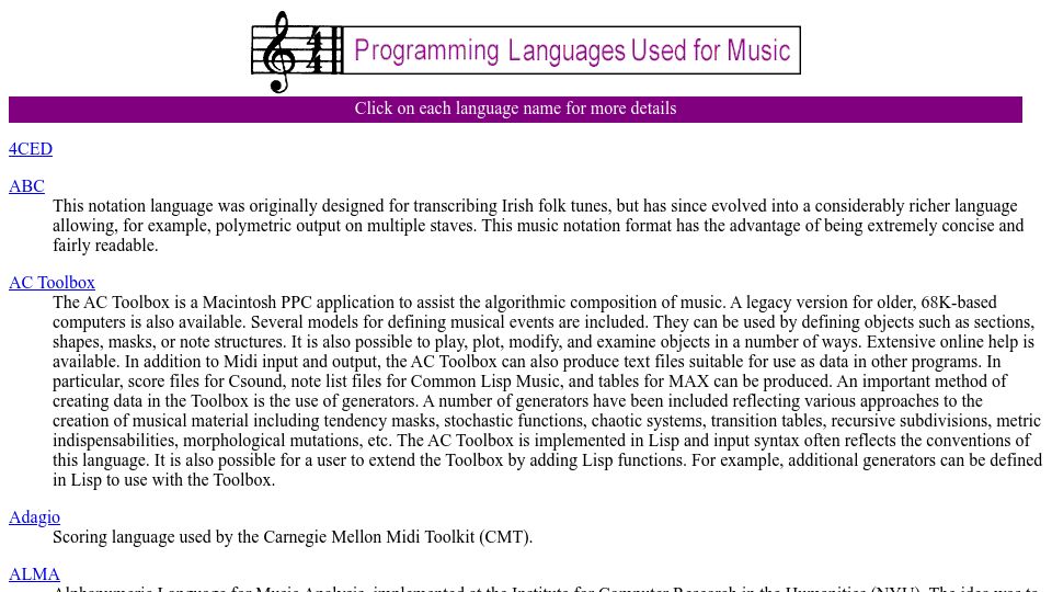 Screenshot of timthompson.com: Programming languages used for music