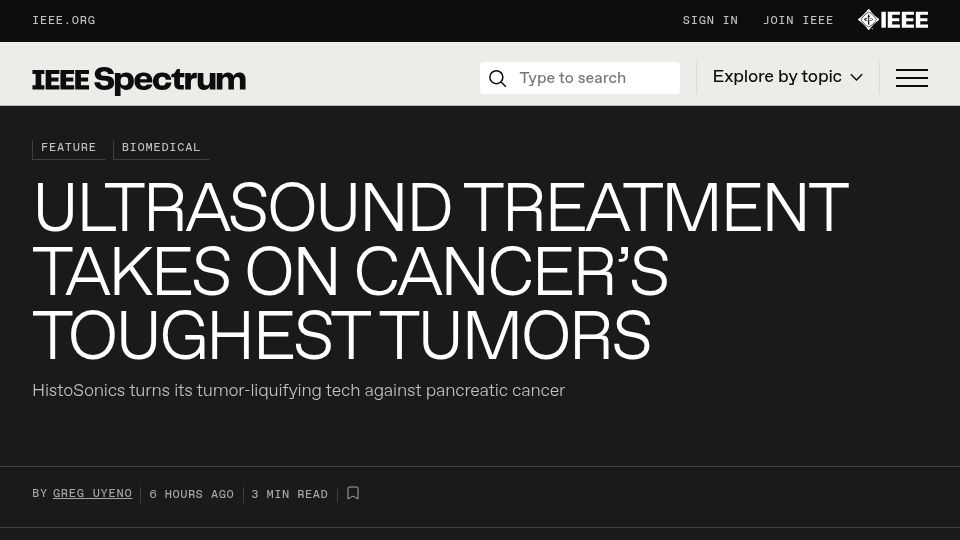 Screenshot of spectrum.ieee.org: Ultrasound Cancer Treatment: Sound Waves Fight Tumors