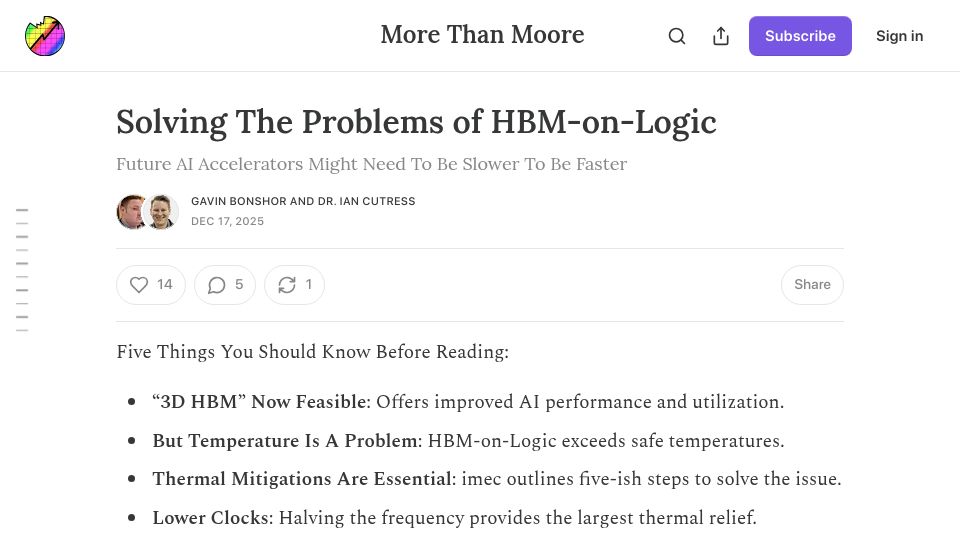 Screenshot of morethanmoore.substack.com: Solving the Problems of HBM-on-Logic