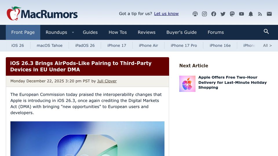 Screenshot of macrumors.com: iOS 26.3 brings AirPods-like pairing to third-party devices in EU under DMA