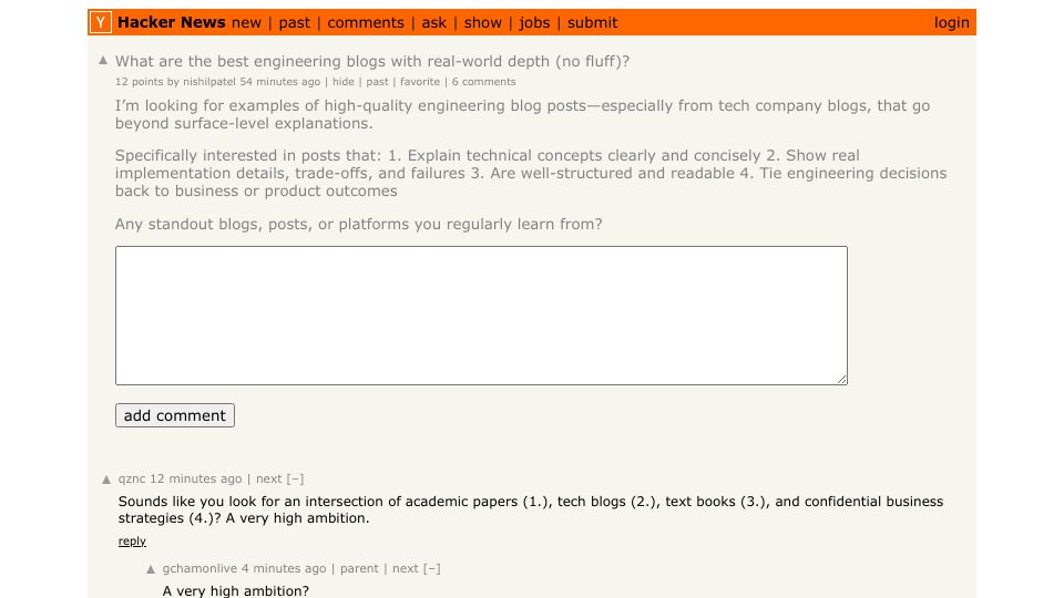 Screenshot of Hacker News post: Ask HN: What are the best engineering blogs with real-world depth?