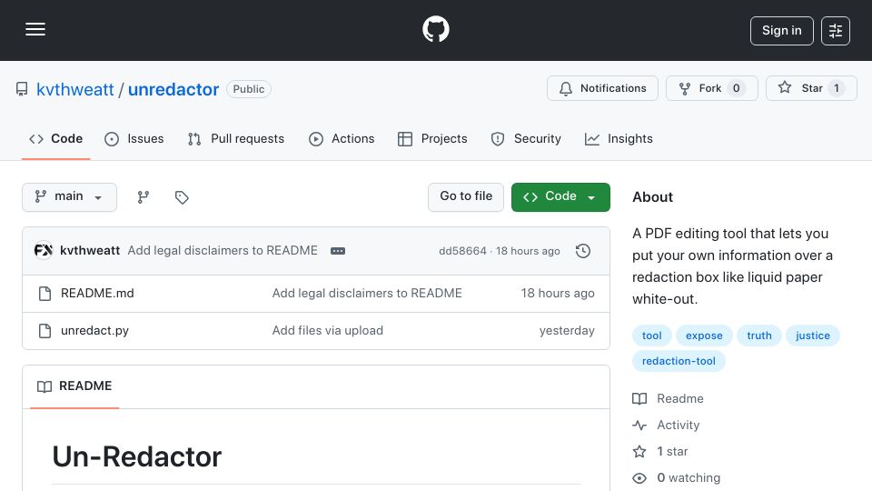 Screenshot of github.com: Un-Redactor