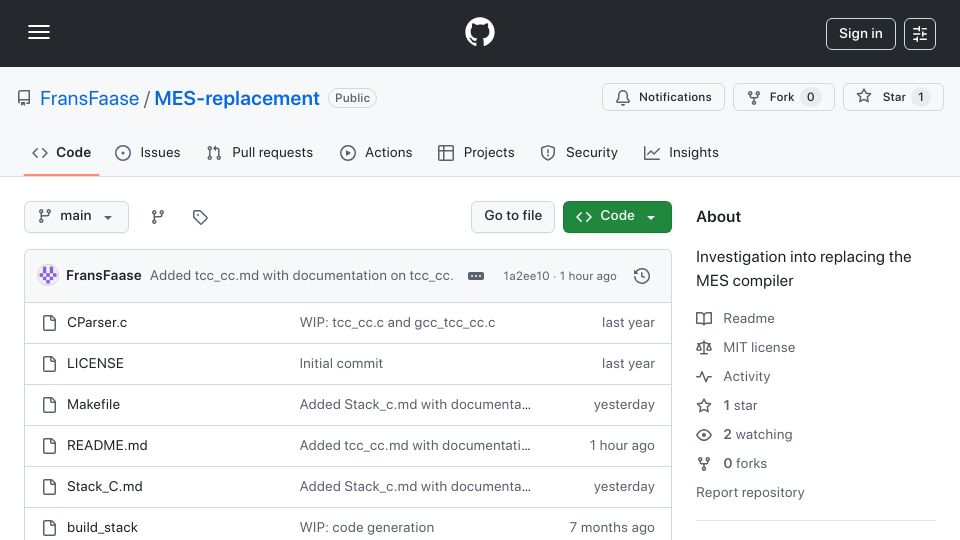 Screenshot of github.com: Show HN: C-compiler to compile TCC for live-bootstrap