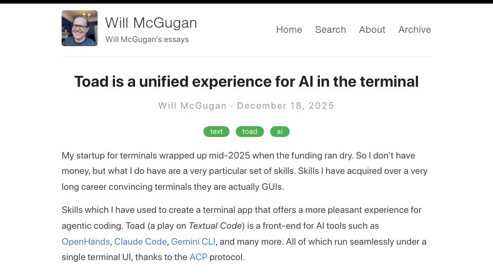 Screenshot of willmcgugan.github.io: Toad is a unified experience for AI in the terminal
