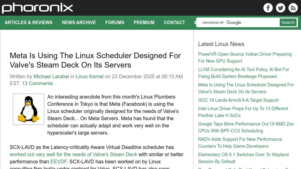 Screenshot of phoronix.com: Meta is using the Linux scheduler designed for Valve's Steam Deck on its servers