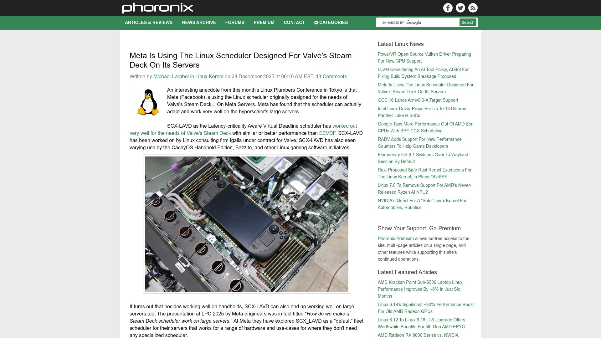 Screenshot of phoronix.com: Meta is using the Linux scheduler designed for Valve's Steam Deck on its servers