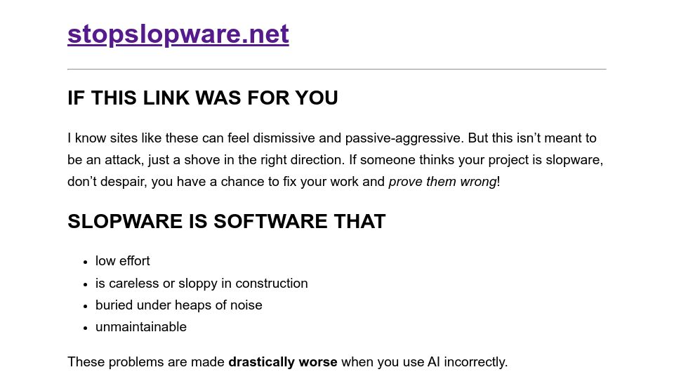 Screenshot of stopslopware.net: Stop Slopware