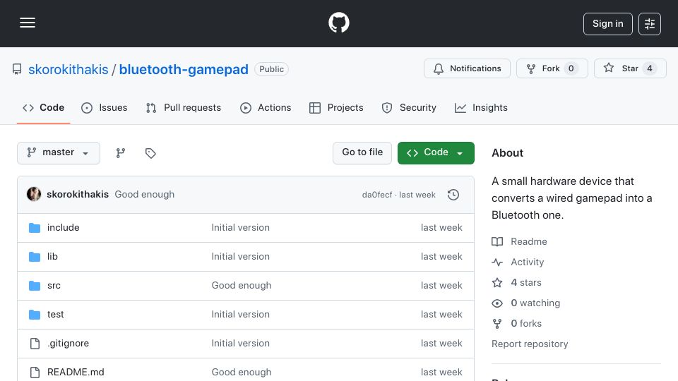 Screenshot of github.com: Show HN: I wrote a small lib to turn a USB gamepad into a Bluetooth one