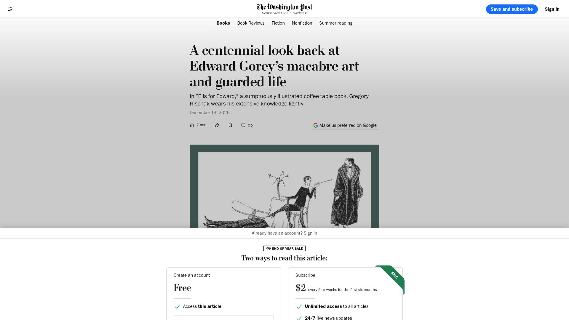 Screenshot of washingtonpost.com: A centennial look back at Edward Gorey's macabre art and guarded life