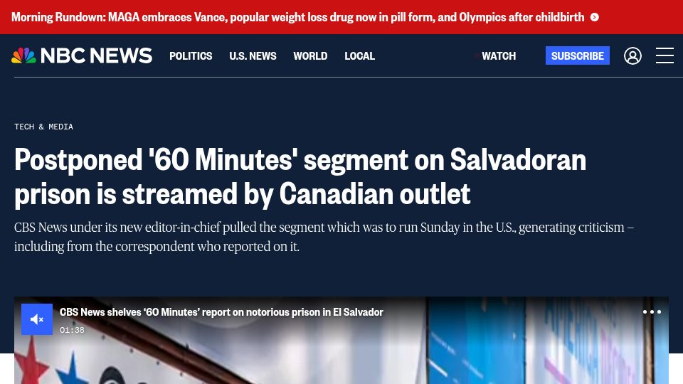 Screenshot of nbcnews.com: Postponed '60 Minutes' segment on Salvadoran prison is streamed by Canadian news