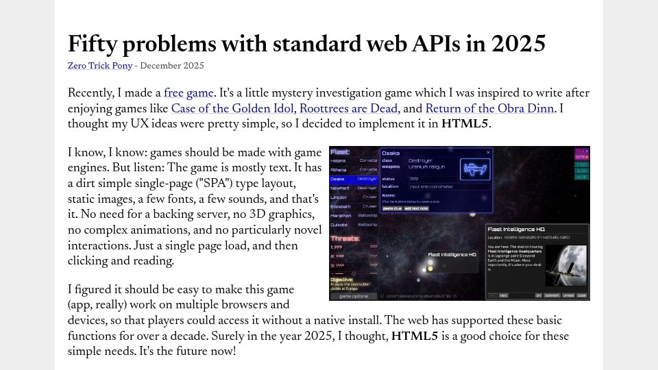 Screenshot of zerotrickpony.com: Fifty problems with standard web APIs in 2025