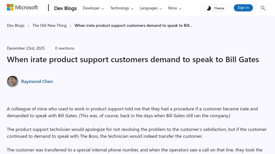Screenshot of devblogs.microsoft.com: When irate product support customers demand to speak to Bill Gates