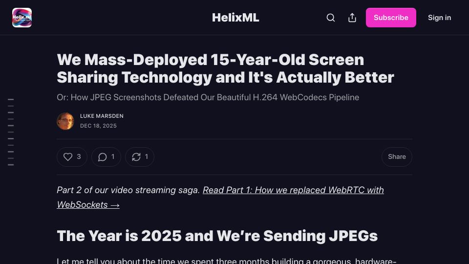 Screenshot of blog.helix.ml: We replaced H.264 streaming with JPEG screenshots (and it worked better)