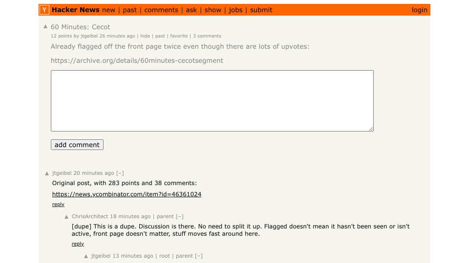 Screenshot of Hacker News post: 60 Minutes: Cecot