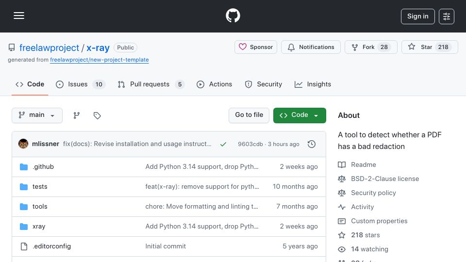 Screenshot of github.com: X-ray: a Python library for finding bad redactions in PDF documents