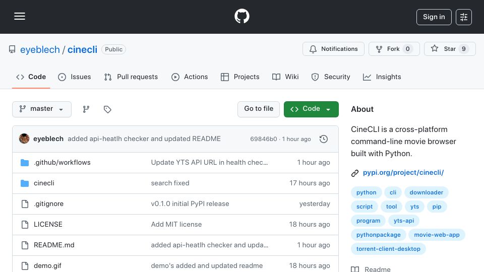 Screenshot of github.com: Show HN: CineCLI – Browse and torrent movies directly from your terminal