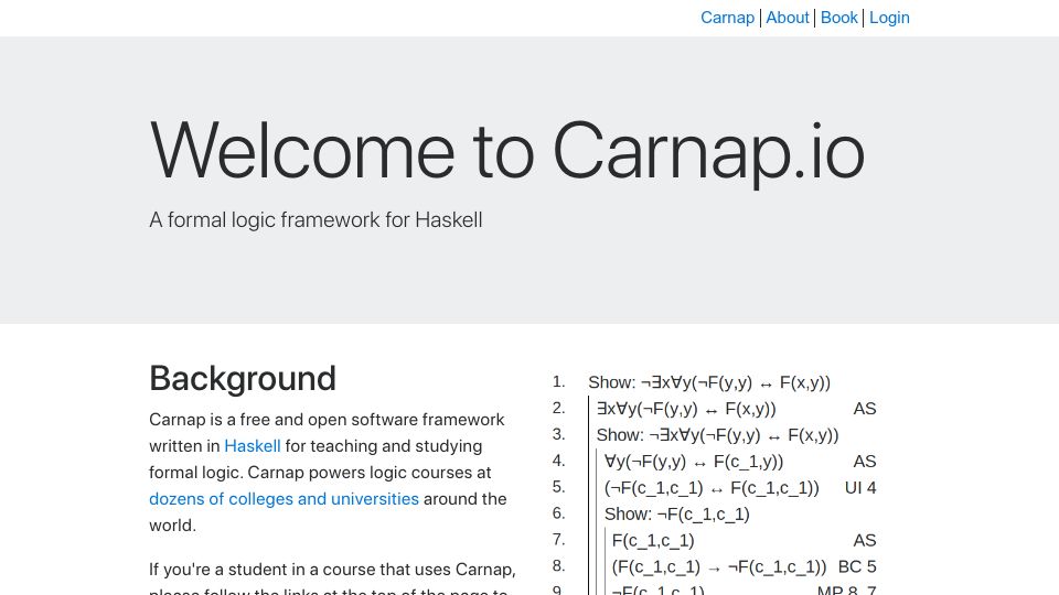 Screenshot of carnap.io: Carnap – A formal logic framework for Haskell