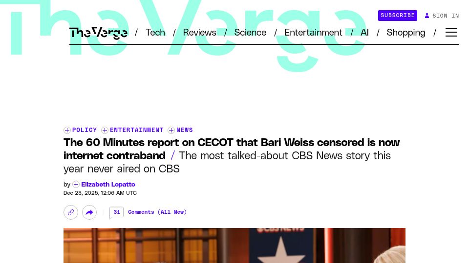 Screenshot of theverge.com: The 60 Minutes report that Bari Weiss censored is now internet contraband