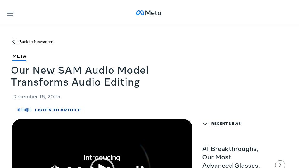 Screenshot of about.fb.com: Our New Sam Audio Model Transforms Audio Editing