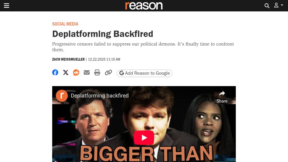 Screenshot of reason.com: Deplatforming Backfired