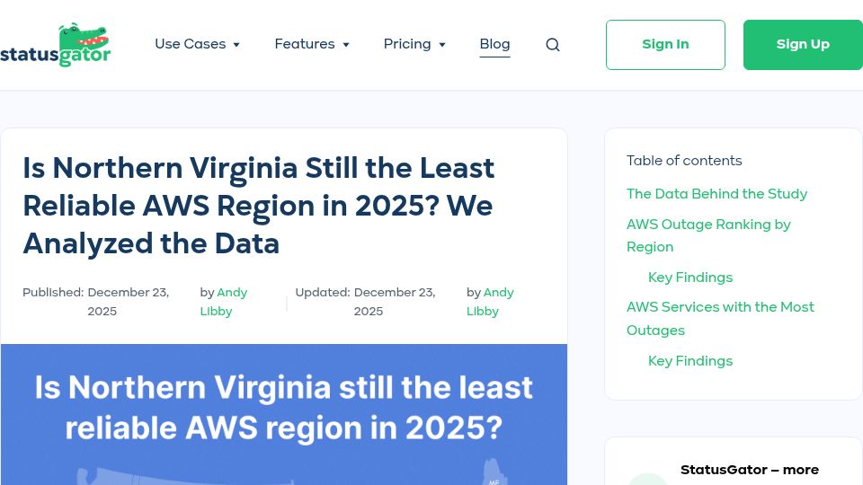 Screenshot of statusgator.com: Is Northern Virginia still the least reliable AWS region?