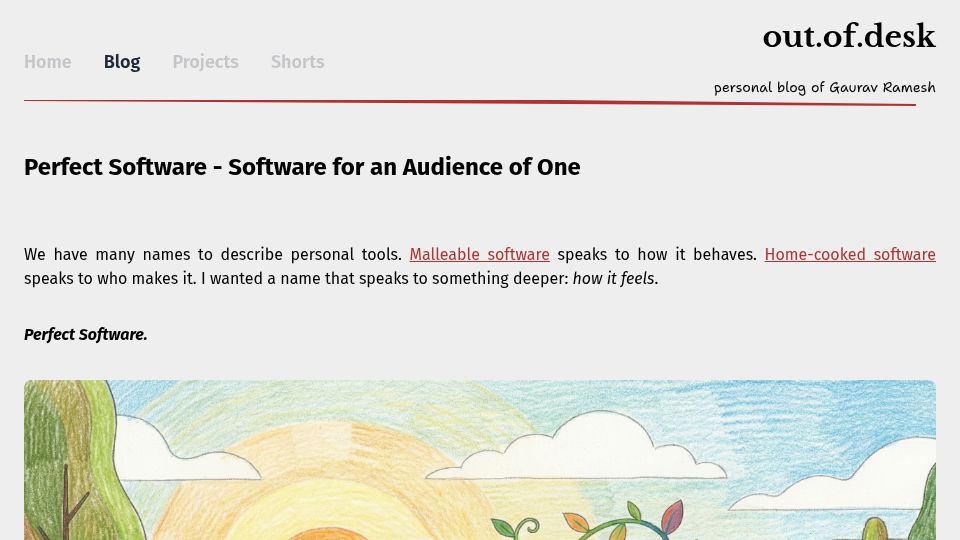 Screenshot of outofdesk.netlify.app: Perfect Software – Software for an Audience of One