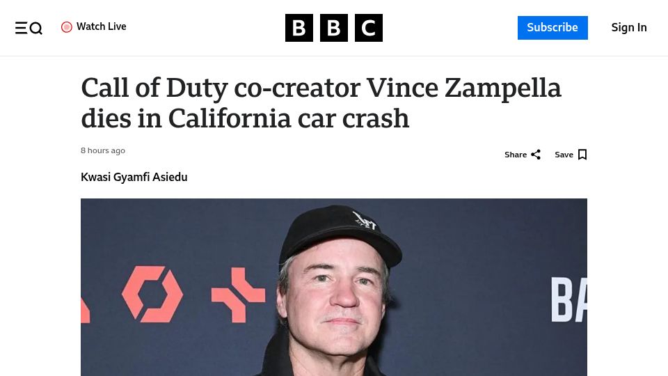 Screenshot of bbc.com: Call of Duty co-creator Vince Zampella dies in California car crash