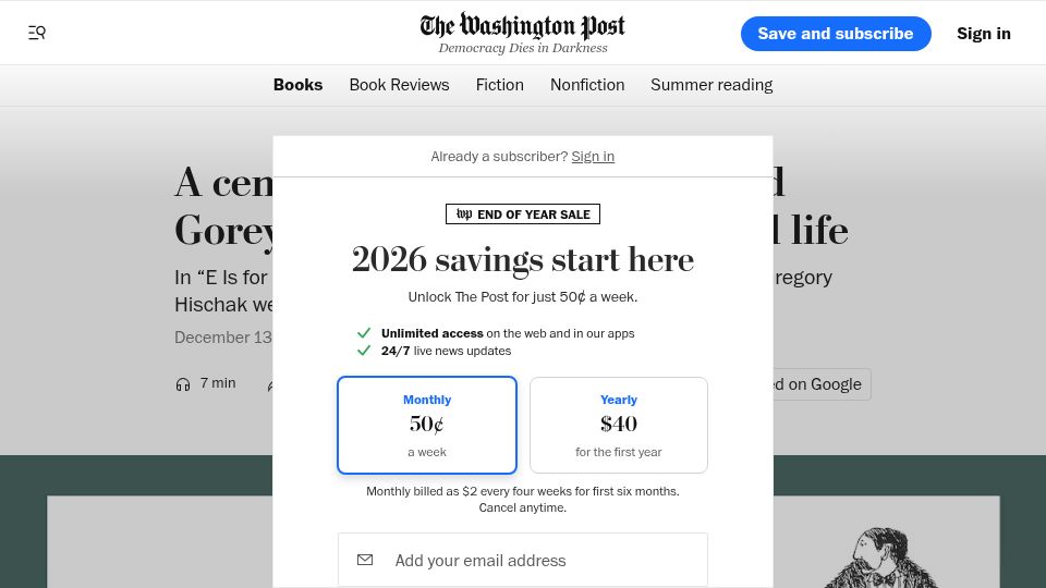 Screenshot of washingtonpost.com: A centennial look back at Edward Gorey's macabre art and guarded life