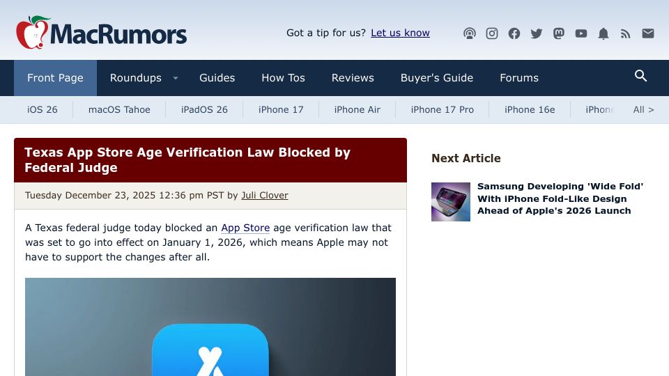 Screenshot of macrumors.com: Texas app store age verification law blocked by federal judge