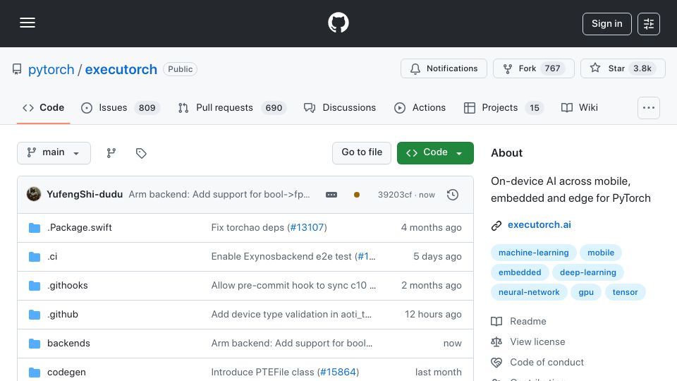 Screenshot of github.com: Executorch: On-device AI across mobile, embedded and edge for PyTorch