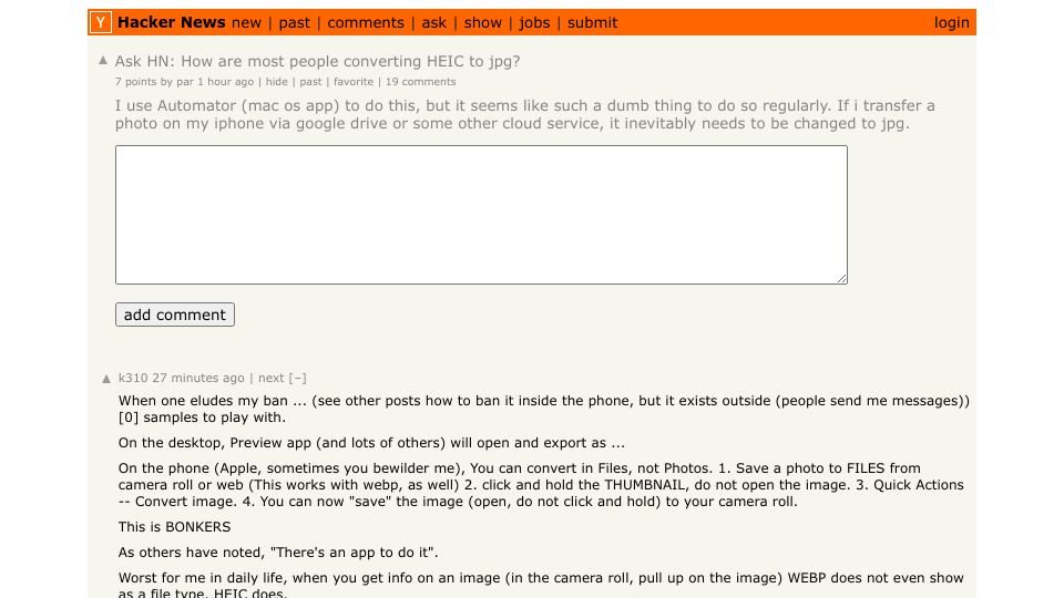 Screenshot of Hacker News post: Ask HN: How are most people converting HEIC to jpg?