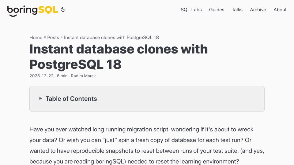 Screenshot of boringsql.com: Instant database clones with PostgreSQL 18