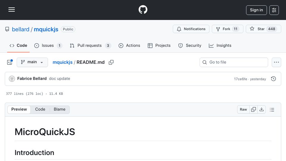 Screenshot of github.com: Fabrice Bellard Releases MicroQuickJS