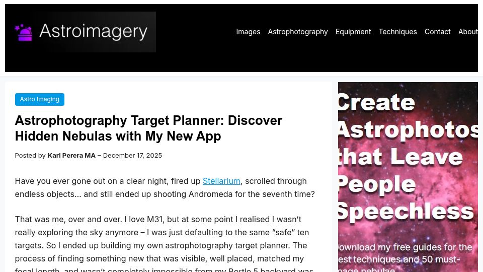 Screenshot of astroimagery.com: Astrophotography Target Planner: Discover Hidden Nebulas