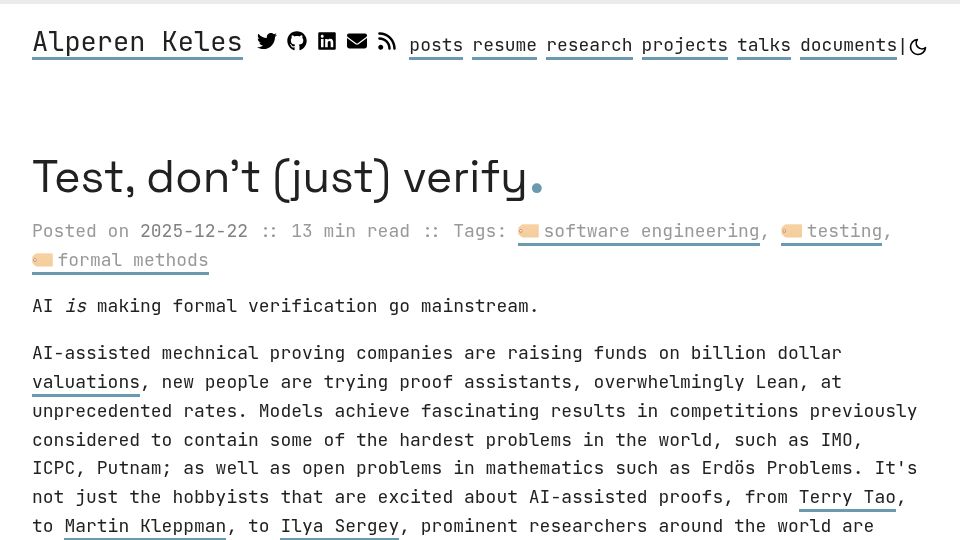 Screenshot of alperenkeles.com: Test, don't just verify