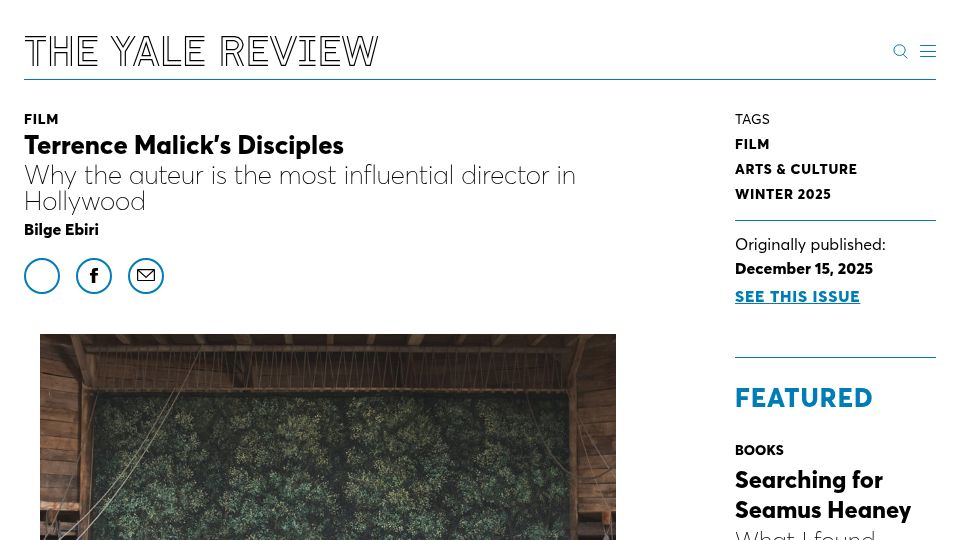 Screenshot of yalereview.org: Terrence Malick's Disciples