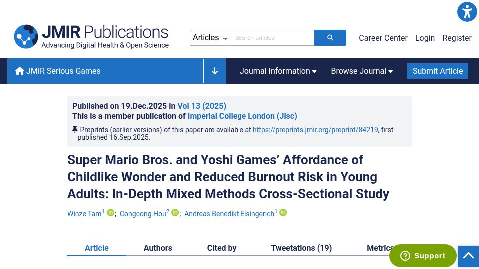 Screenshot of games.jmir.org: Games’ affordance of childlike wonder and reduced burnout risk in young adults
