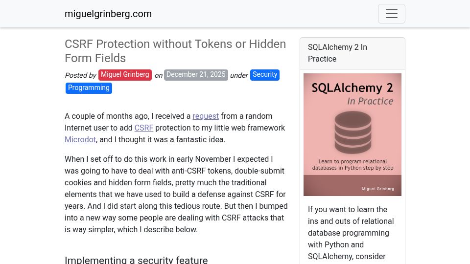Screenshot of blog.miguelgrinberg.com: CSRF protection without tokens or hidden form fields