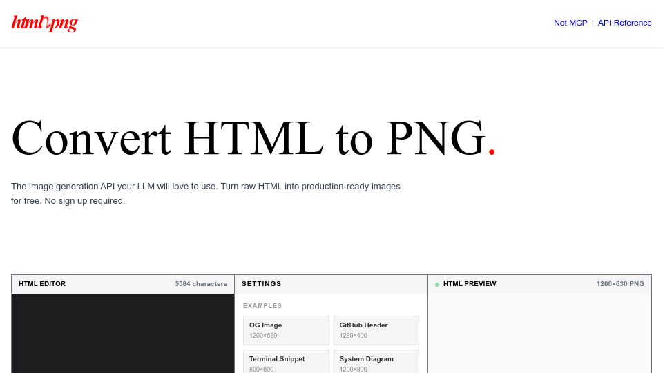 Screenshot of html2png.dev: Show HN: Turn raw HTML into production-ready images for free