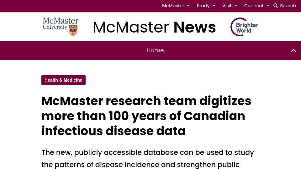 Screenshot of news.mcmaster.ca: Research team digitizes more than 100 years of Canadian infectious disease data