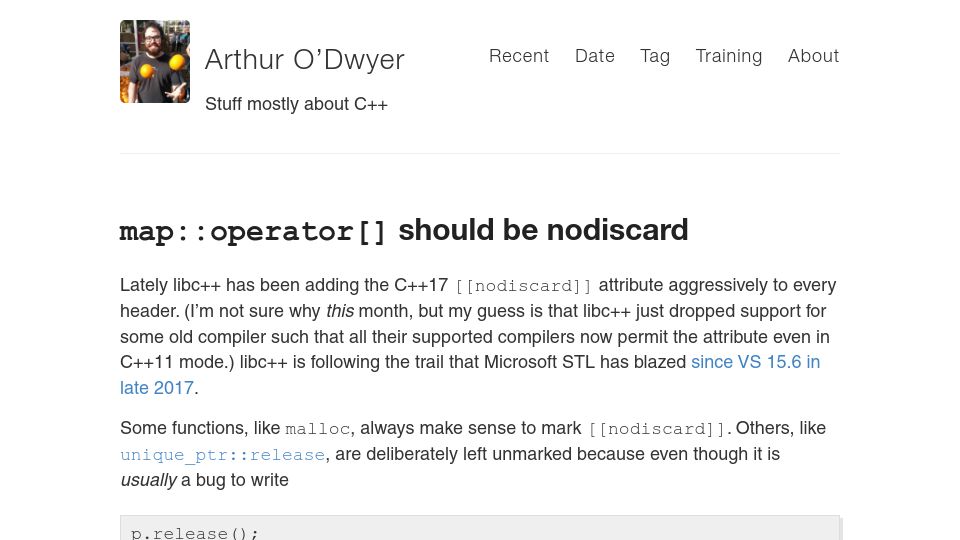 Screenshot of quuxplusone.github.io: map::operator[] should be nodiscard