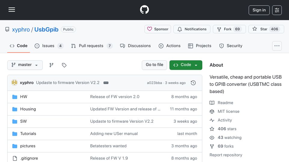 Screenshot of github.com: Open source USB to GPIB converter (for Test and Measurement instruments)