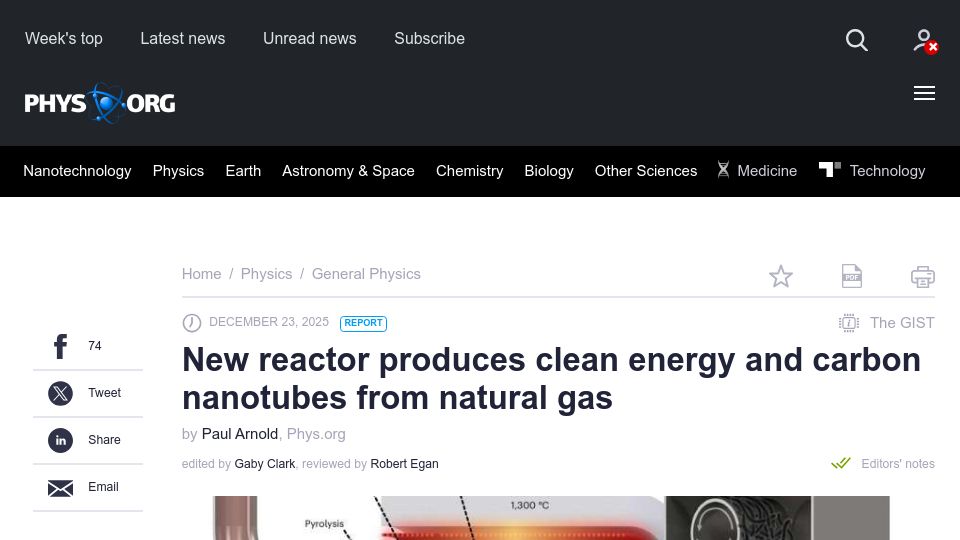 Screenshot of phys.org: New reactor produces clean energy and carbon nanotubes from natural gas